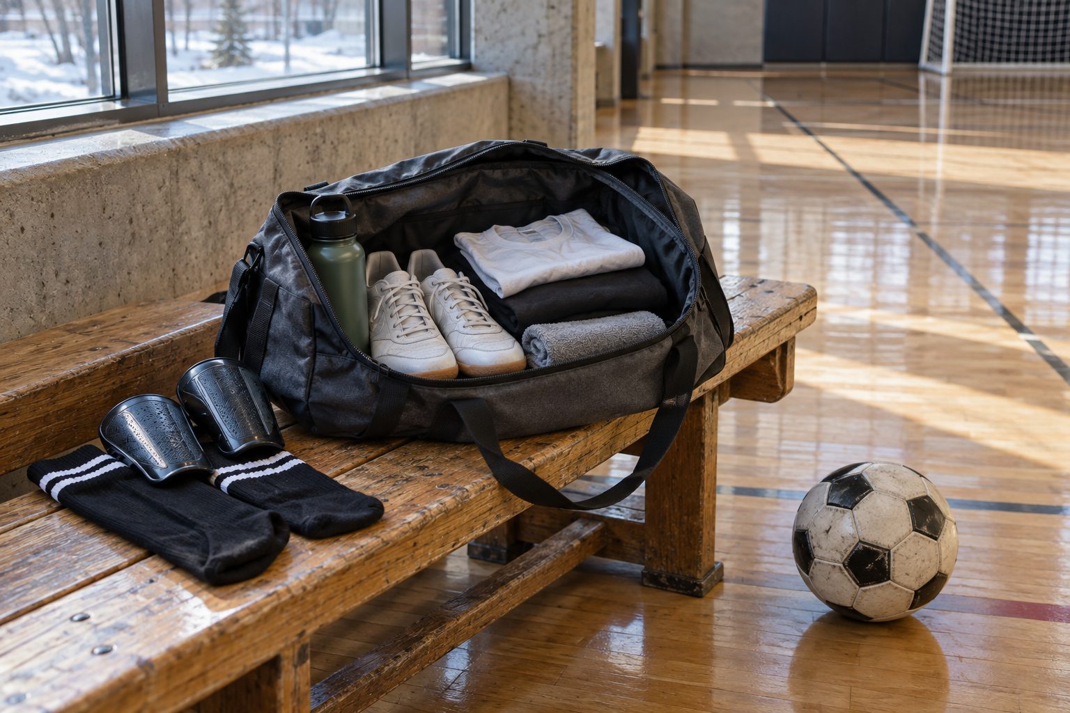 Illustration d’un sac de sport avec chaussures, chandails, eau et protège-tibias près d’un ballon